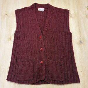 Vintage Cassandra Sweater Vest Womens 44 Red Chunky Knit Button Pockets